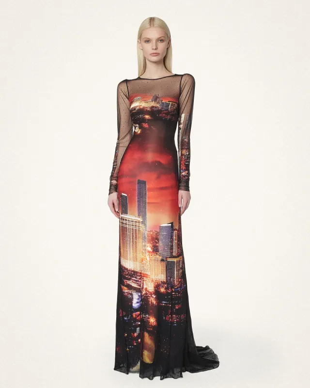 Lily Cityscape Maxi Dress - Black & Orange sold by JW PEI