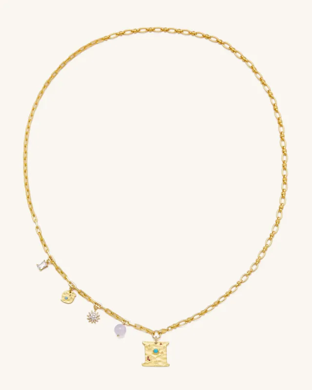 Cosmos Square Multi Charm Necklace - 18ct Gold Plated & Turquoise & Multicolor Zircon & Purple Beads sold by JW PEI