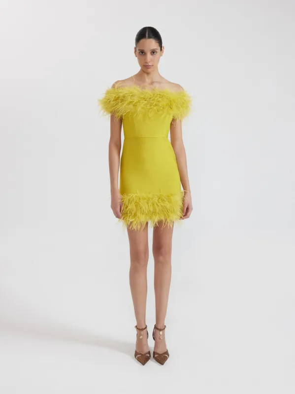 Off-Shoulder Feather Mini Dress - Yellow sold by JW PEI