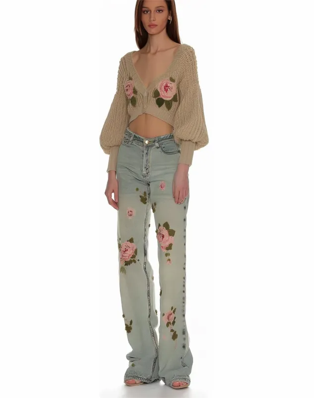 Ava Floral Knit Cropped Cardigan - Beige sold by JW PEI