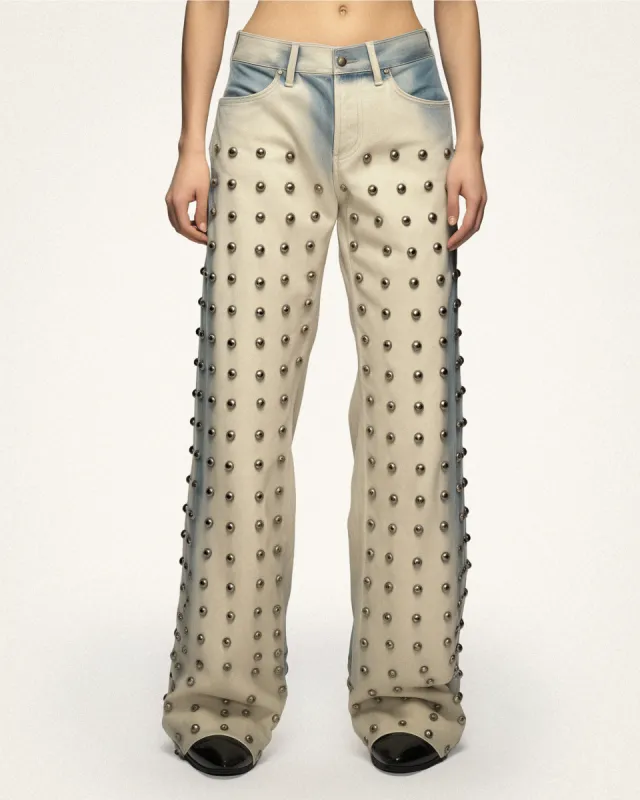 Emily Studded Wide-Leg Jeans - Beige/Blue sold by JW PEI