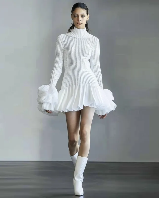 Emily Ruffle Sleeve Sweater Dress - White sold by JW PEI