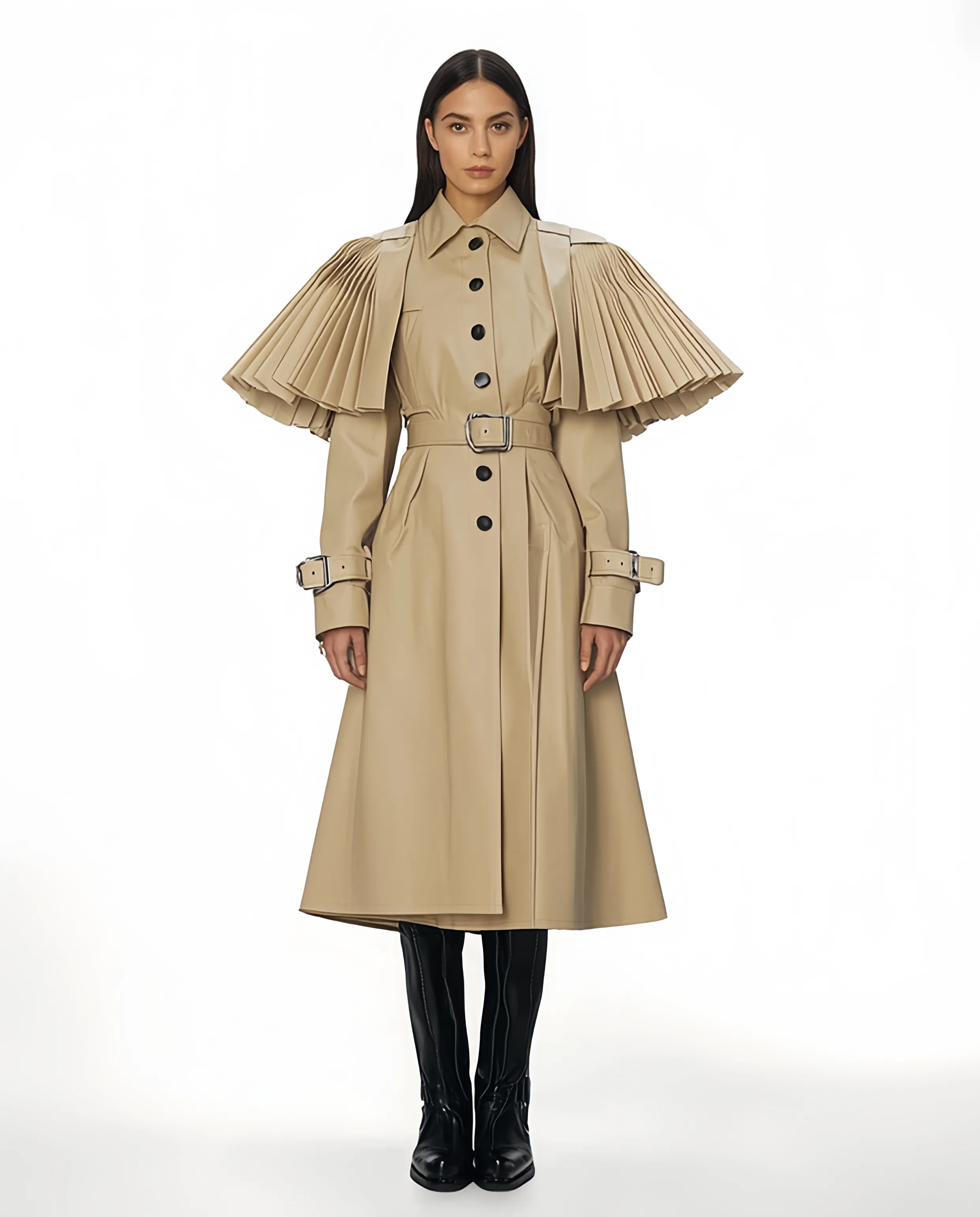 Sophia Pleated Sleeve Trench Coat - Beige sold by JW PEI