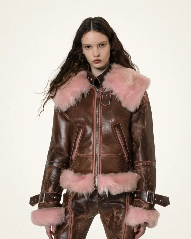 Ella Faux Fur Trimmed Shearling Coat - Brown/Pink sold by JW PEI