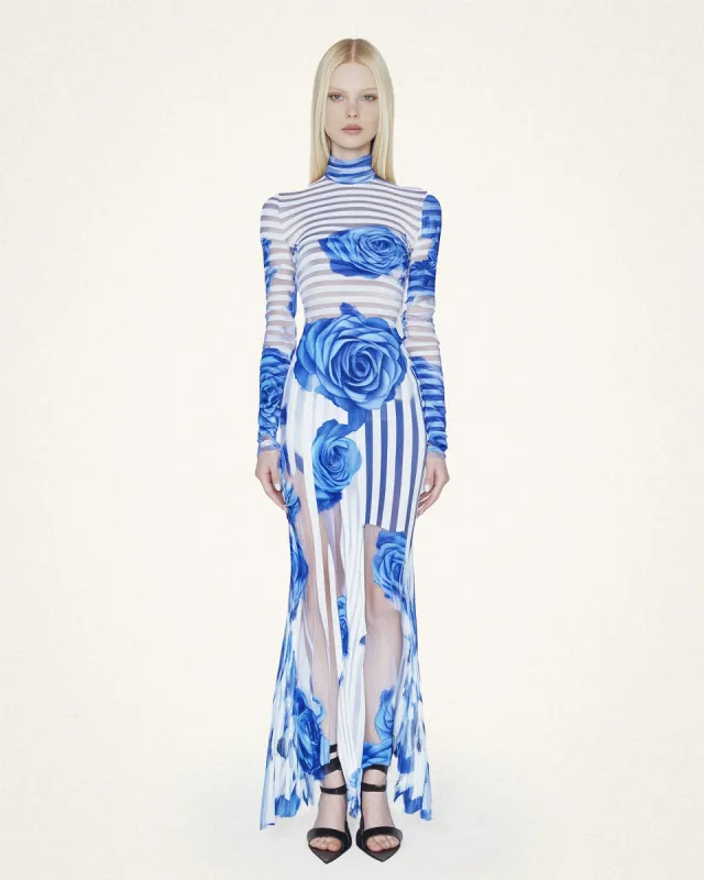 Ava Blue Floral Printed Mesh Dress - Blue/White sold by JW PEI