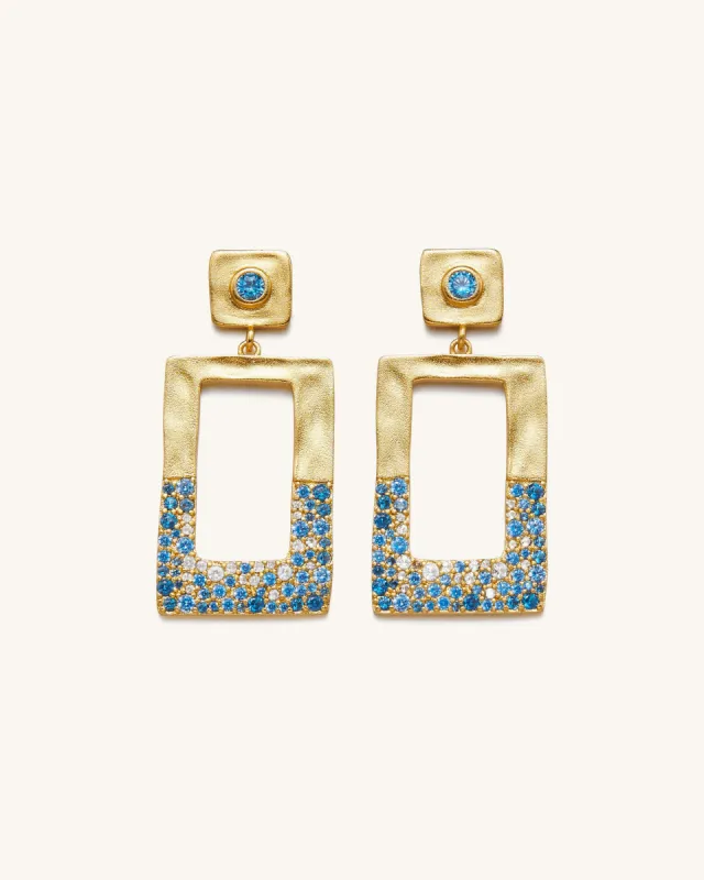 Geometrical Openwork Rectangle Earrings - 18ct Gold Plated & Sea Blue Nano sold by JW PEI