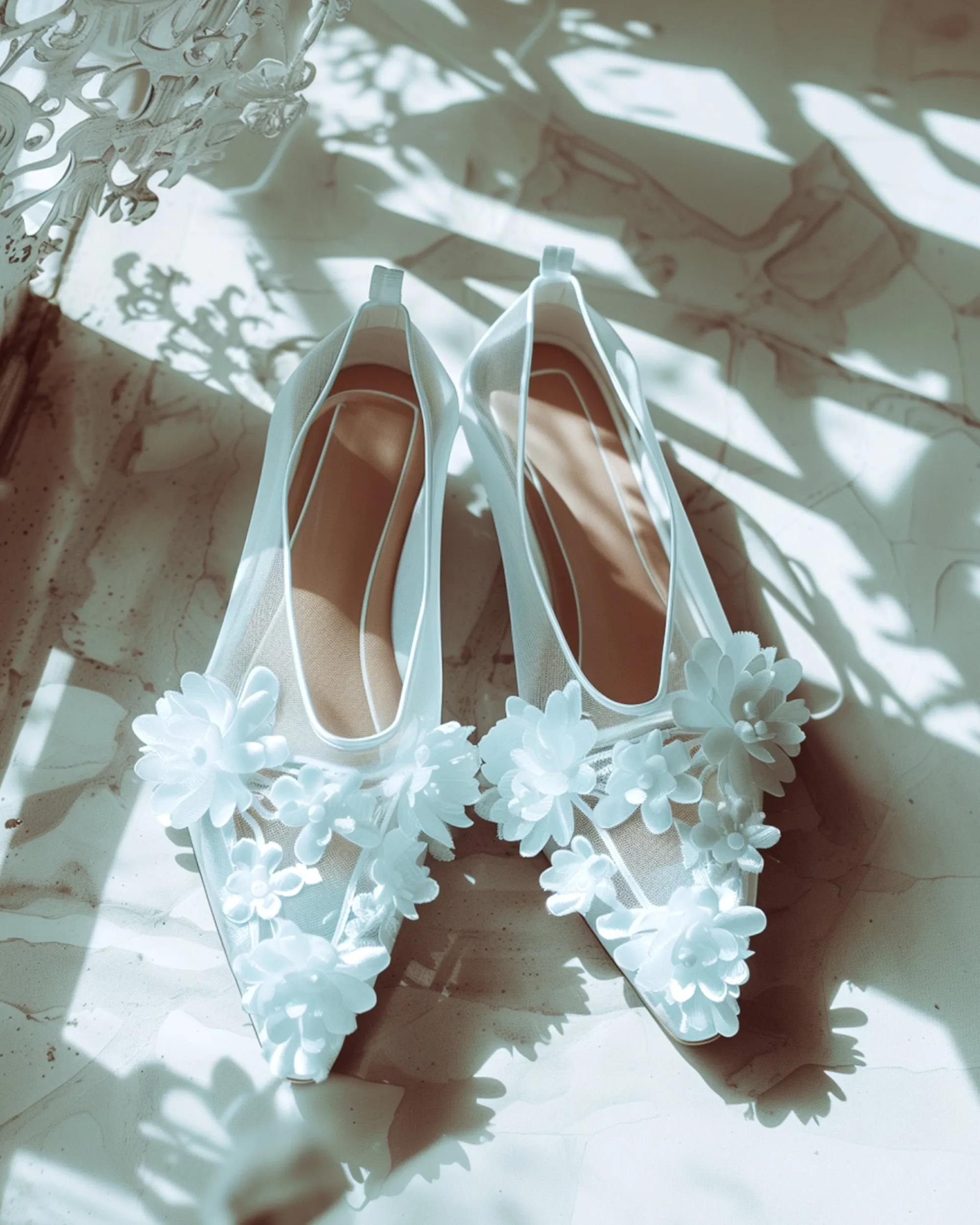 Mesh Floral Embellished Flats - White sold by JW PEI