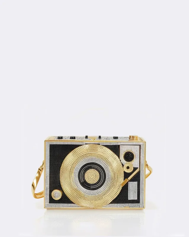 Record Player Shape Faux Crystal Clutch - Gold sold by JW PEI