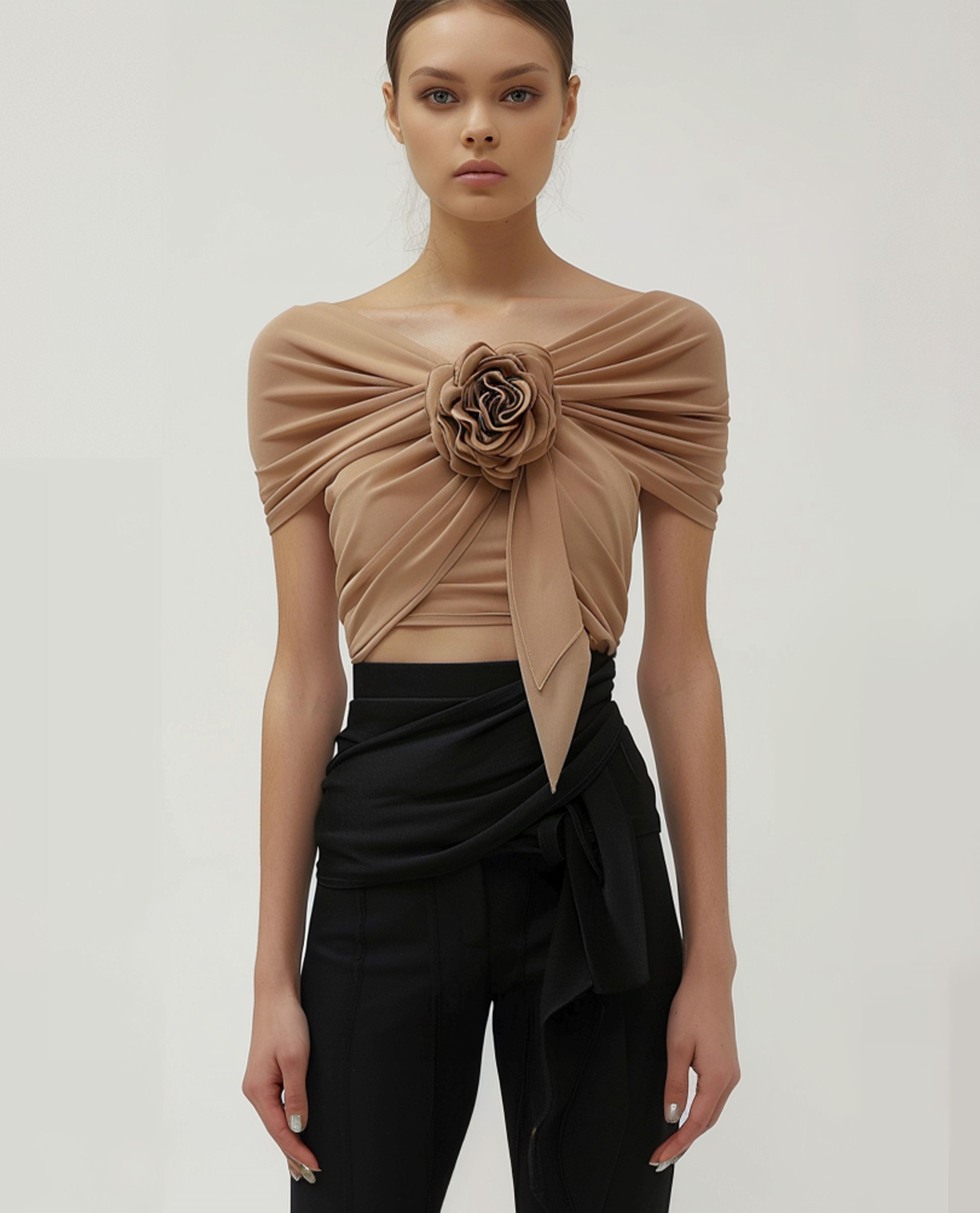 Flower appliqué wrap blouse in brown sold by JW PEI