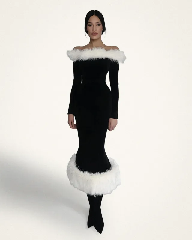 Emma Faux Fur Trimmed Shearling Dress - Black/White sold by JW PEI