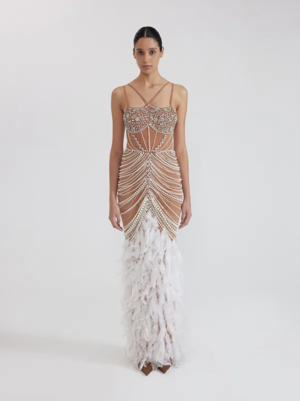 Pearl Embellished Feather Gown - Nude sold by JW PEI