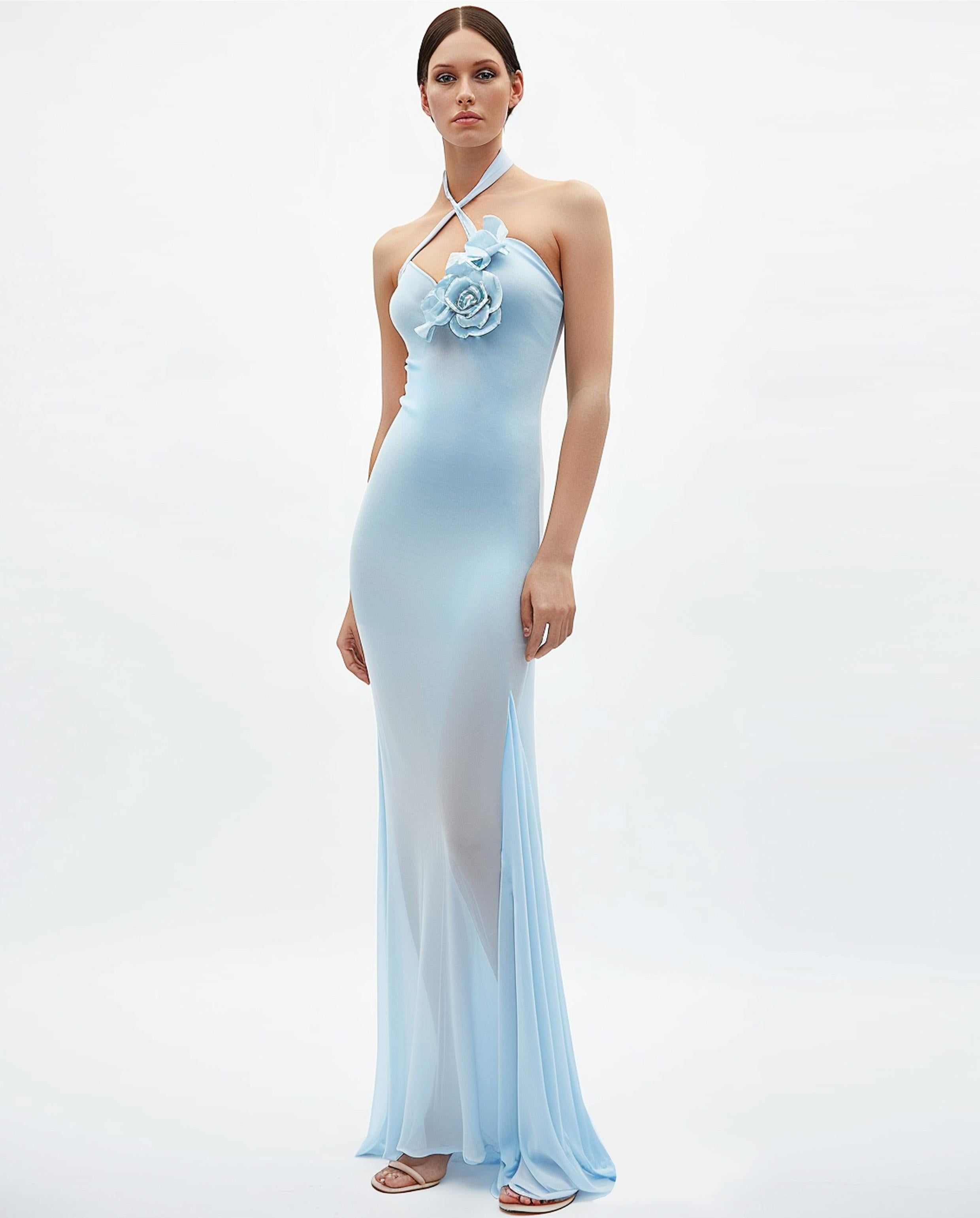 Pastel Blue Sheer Rosette Applique Halter Maxi Dress sold by JW PEI