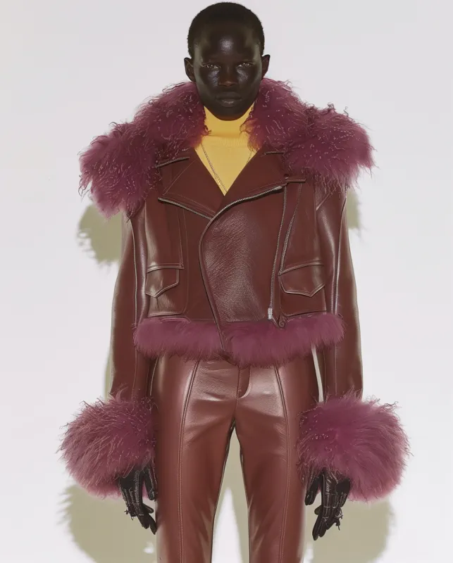 Emily Faux Fur Trimmed Shearling Coat - Burgundy sold by JW PEI