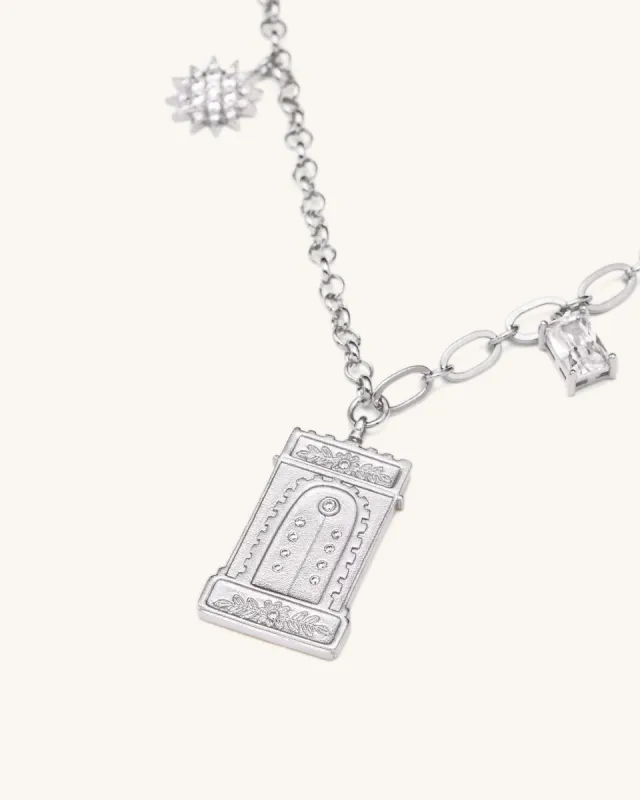 Roman Arch Pendant Necklace - 18ct White Gold Plated & White Zircon sold by JW PEI