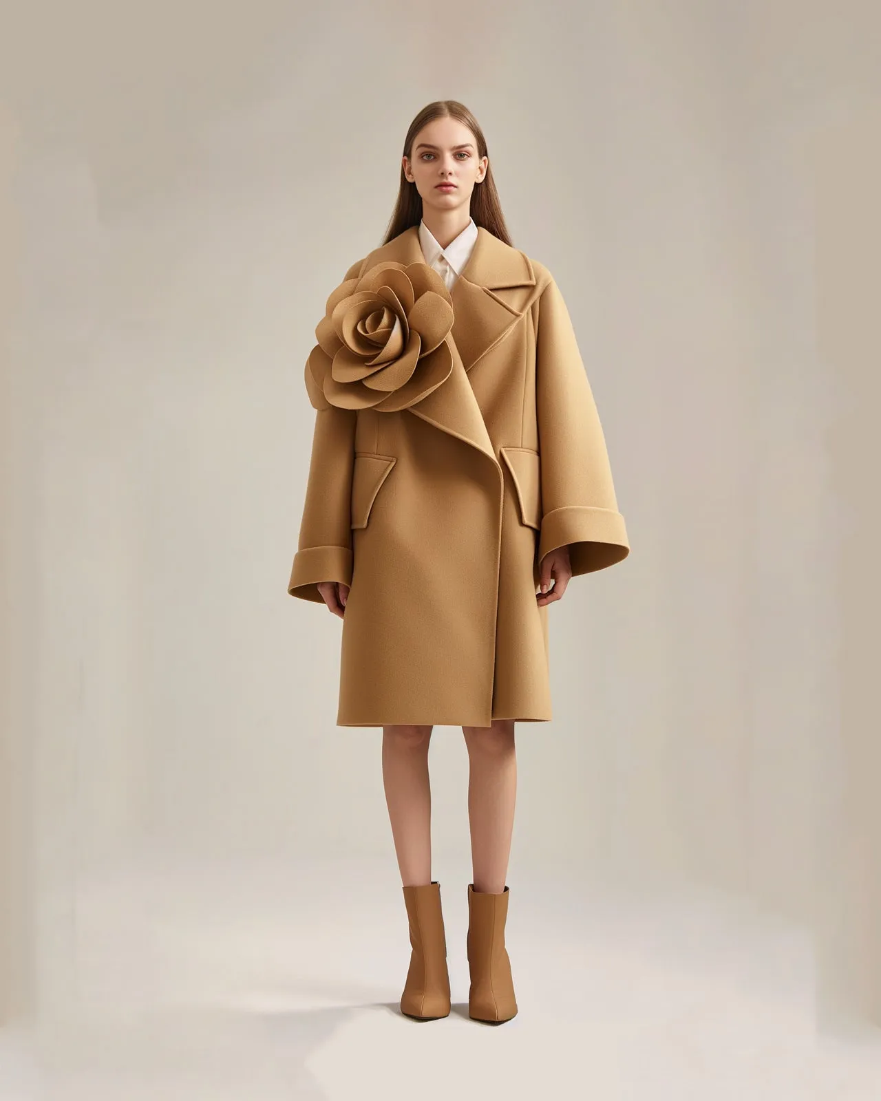 Grace Belted Coat with Floral Accent - Camel sold by JW PEI