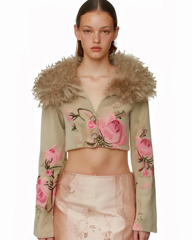 Sophie Floral Knit Cropped Cardigan - Beige sold by JW PEI