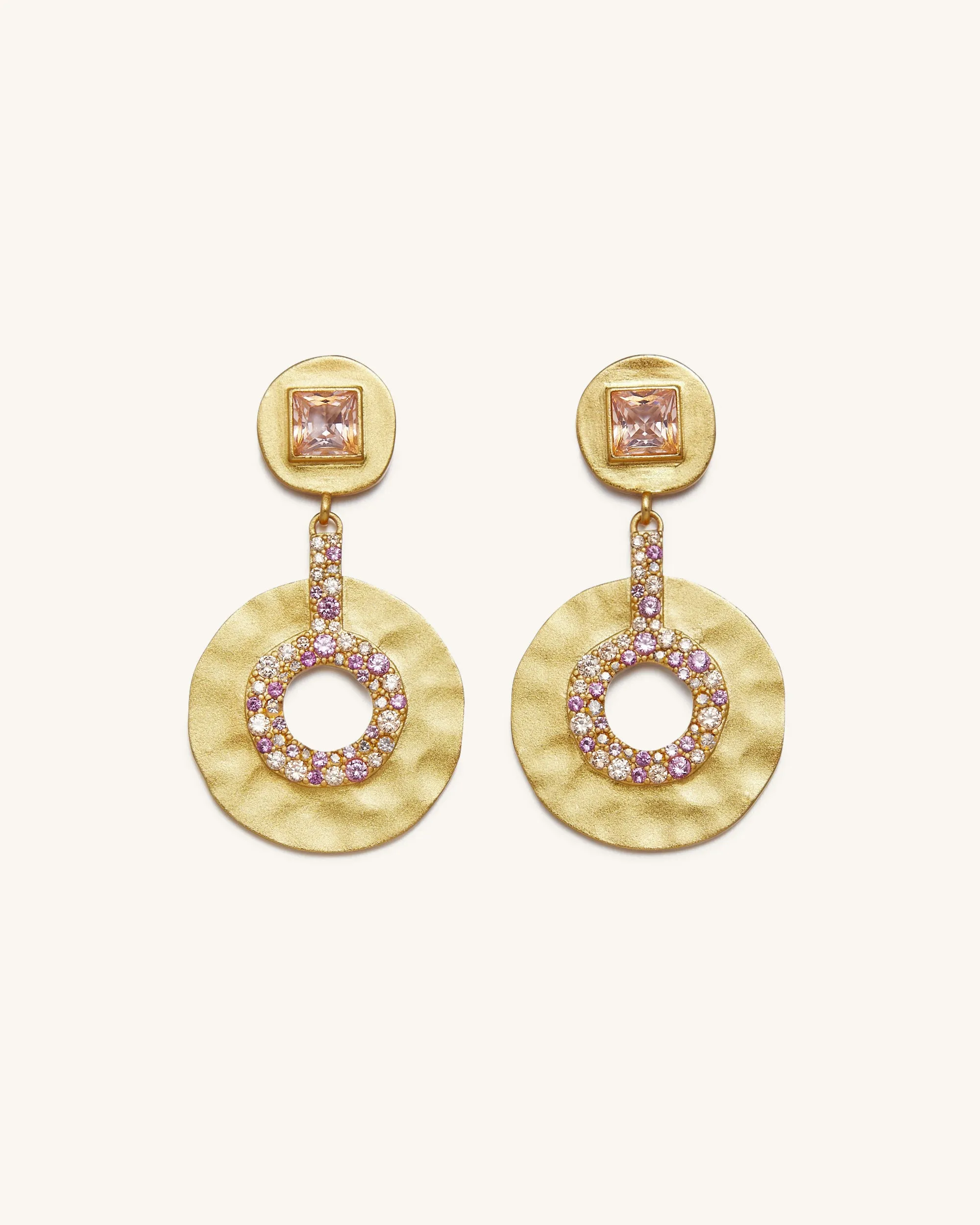 Geometrical Openwork Small Round Earrings - 18ct Gold Plated & Morganite & Red Corundum & Multicolor Zircon sold by JW PEI