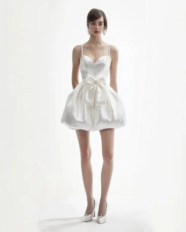 Sophia Shimmering Bow Detail Mini Dress - Silver sold by JW PEI