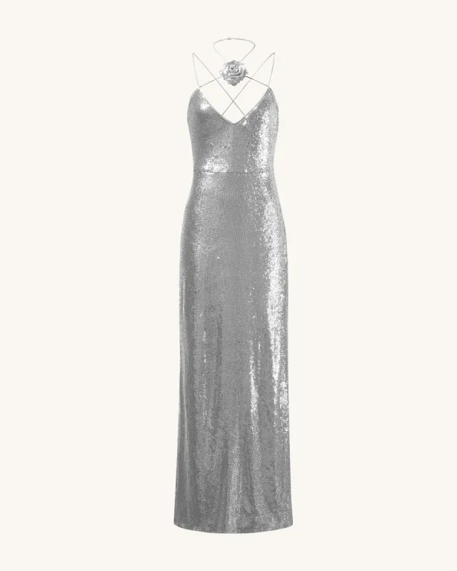 Heisey Silver Sequinned Rosette Maxi Dress - Silver sold by JW PEI