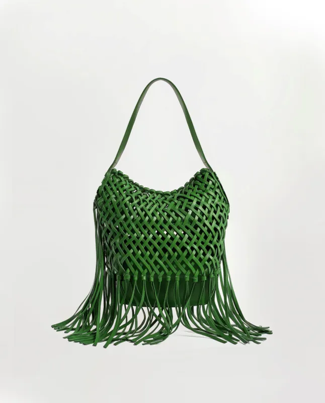 Green woven Tassel Tote sold by JW PEI
