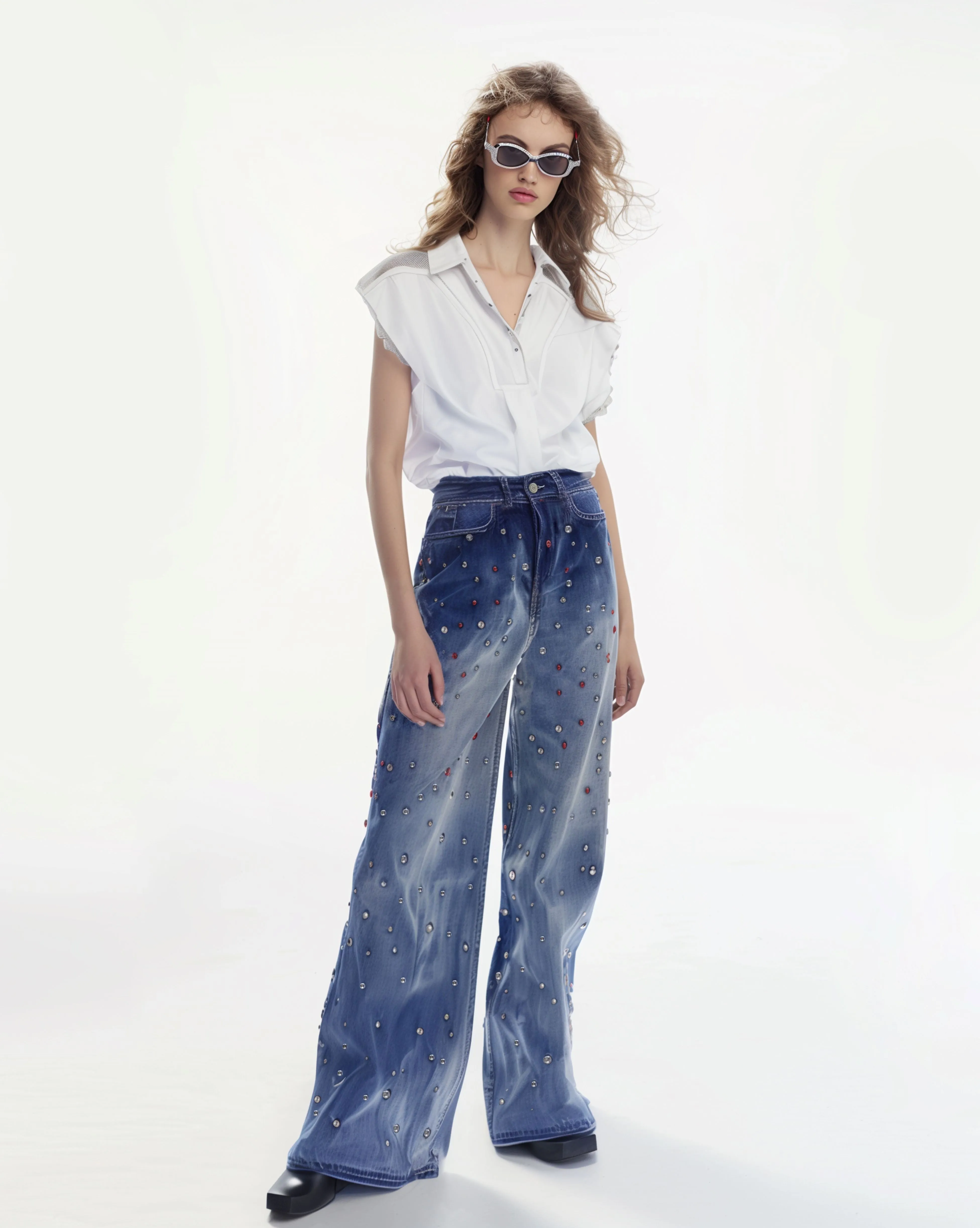 Denim Jeans with Rhinestones - Blue sold by JW PEI