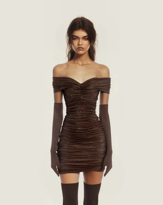 Brown Rhinestone Off-Shoulder Mini Dress - Brown sold by JW PEI
