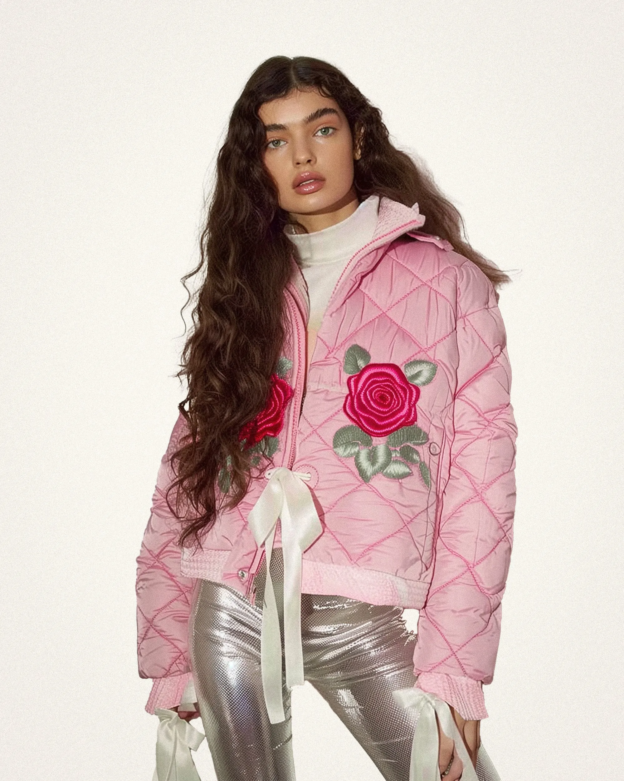 Glamorous Quilted Jacket with Embroidered Roses - Pink sold by JW PEI