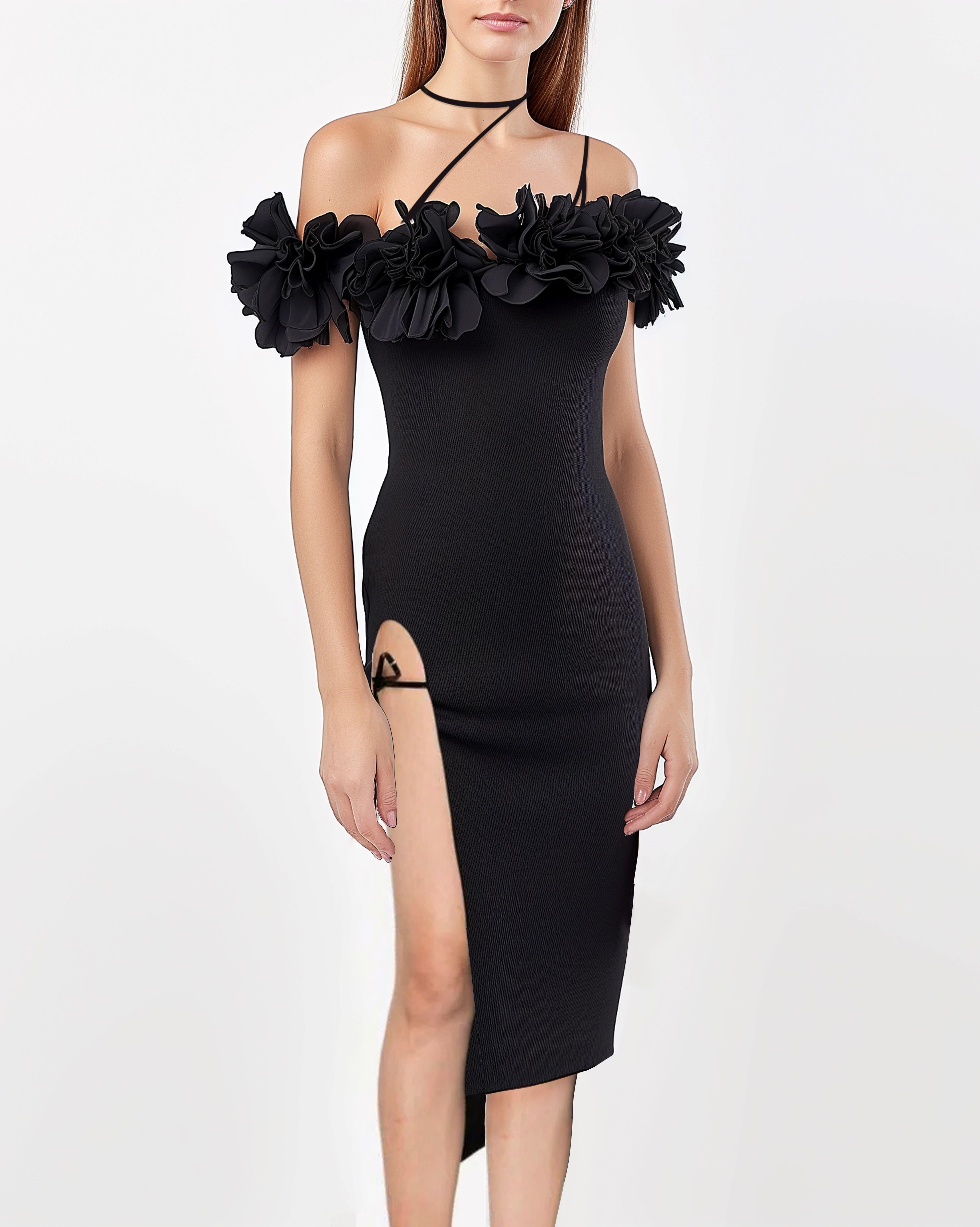 Black Floral Applique Off-the-shoulder Side Slit Midi Dress sold by JW PEI