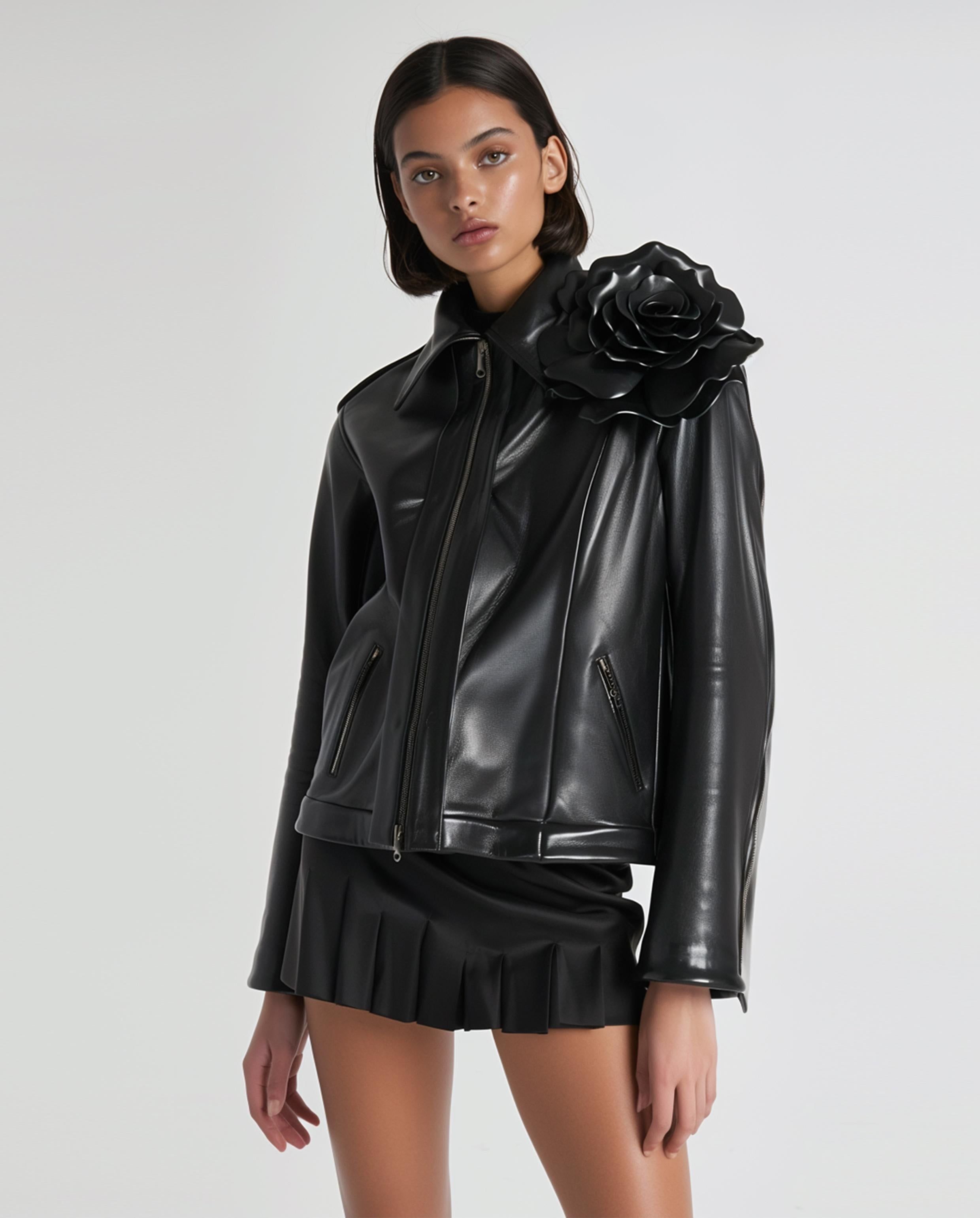 Black Faux Leather Floral Appliqué Jacket sold by JW PEI