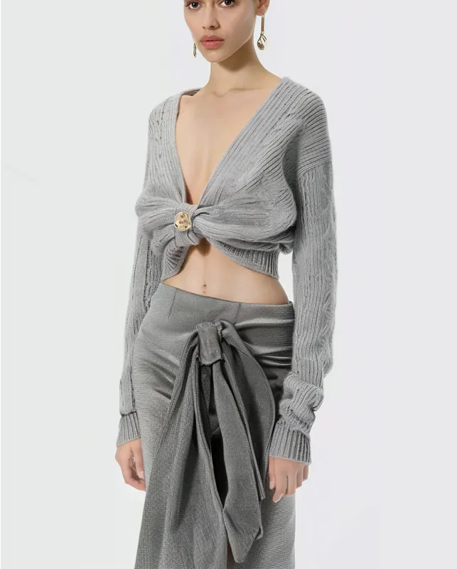Gold-tone Hardware Decored Grey Knitted Cardigan sold by JW PEI