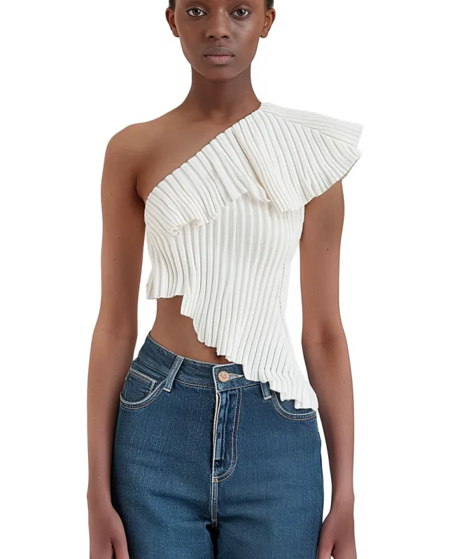 White Ribbed Asymmetric One Shoulder Top sold by JW PEI