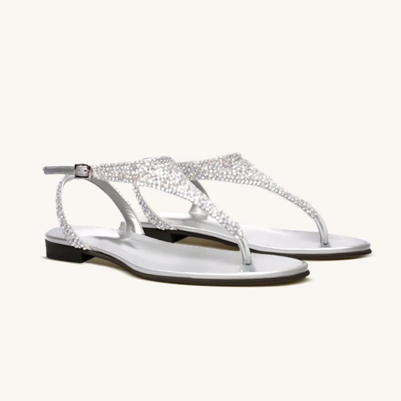 Artificial Crystal Flat Flip Flops - Silver sold by JW PEI