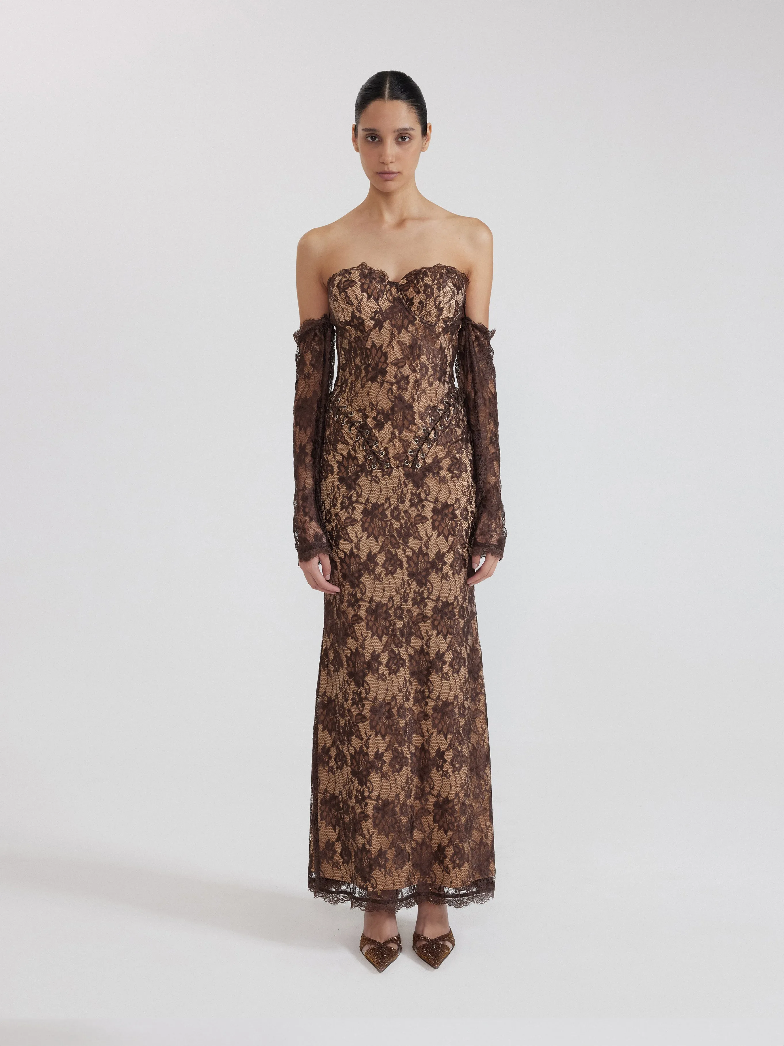 Lace Off-Shoulder Gown - Brown sold by JW PEI