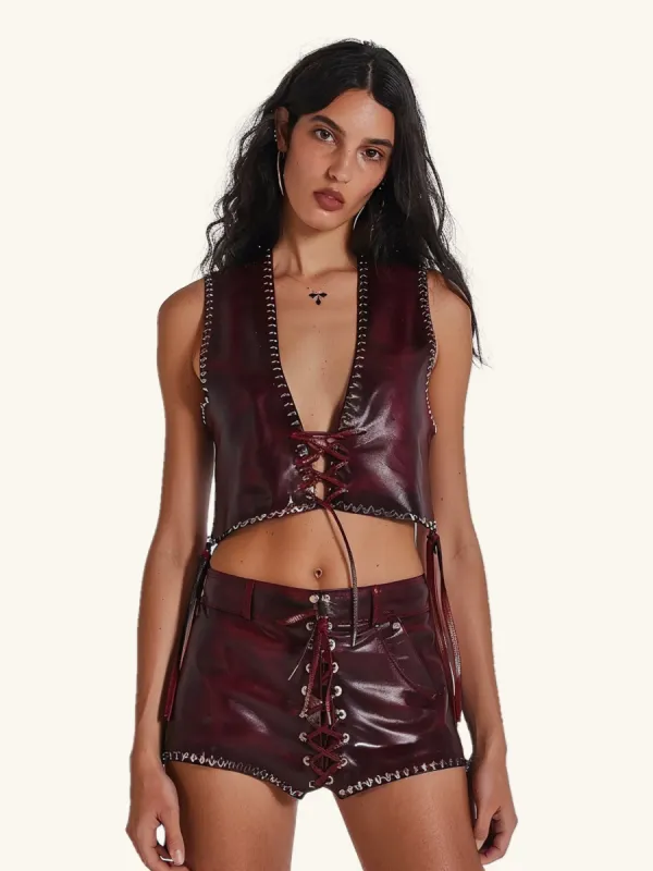 Burgundy Leather Lace-Up Top & Shorts Set - Burgundy sold by JW PEI