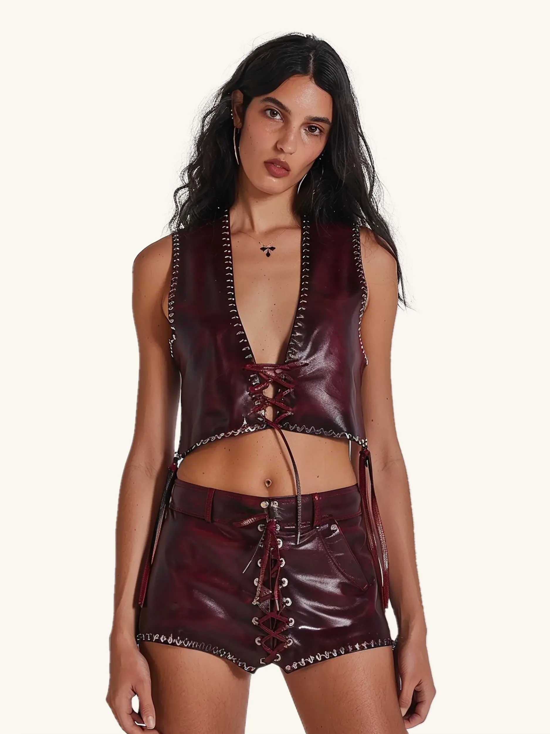 Burgundy Leather Lace-Up Top & Shorts Set - Burgundy sold by JW PEI