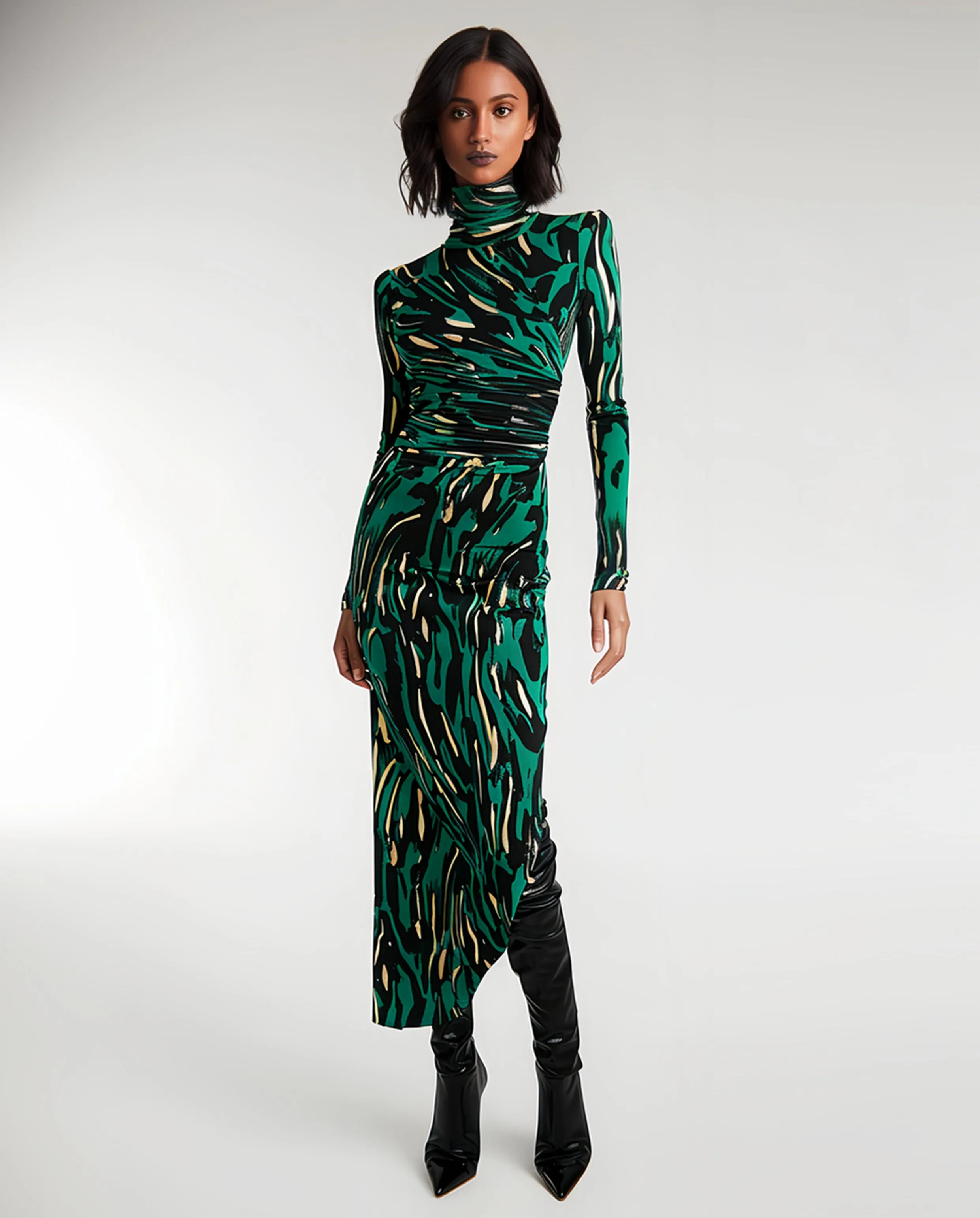 Sophia Abstract Print Knit Gown - Green/Black sold by JW PEI