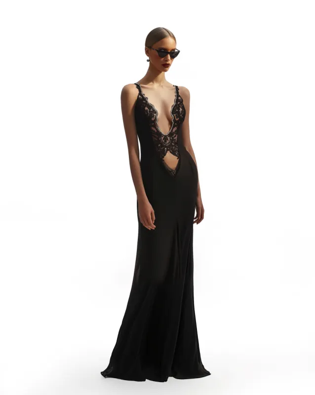 Elegance Lace Deep V Gown - Black sold by JW PEI