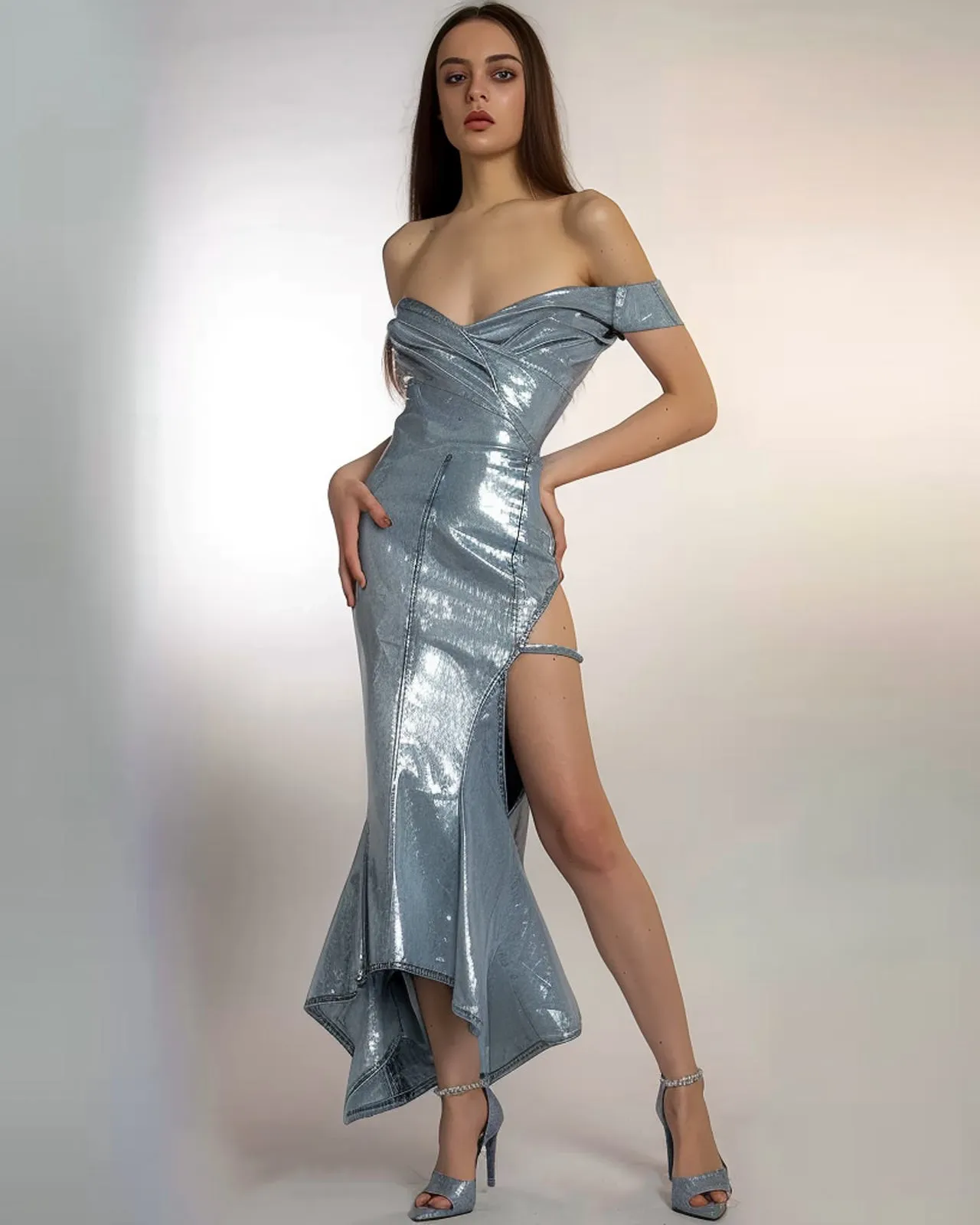 Off-Shoulder Silver Sequin Maxi Dress - Silver sold by JW PEI