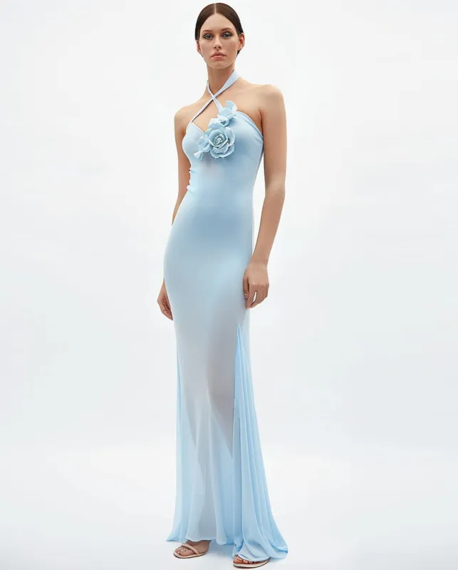 Pastel Blue Sheer Rosette Applique Halter Maxi Dress sold by JW PEI