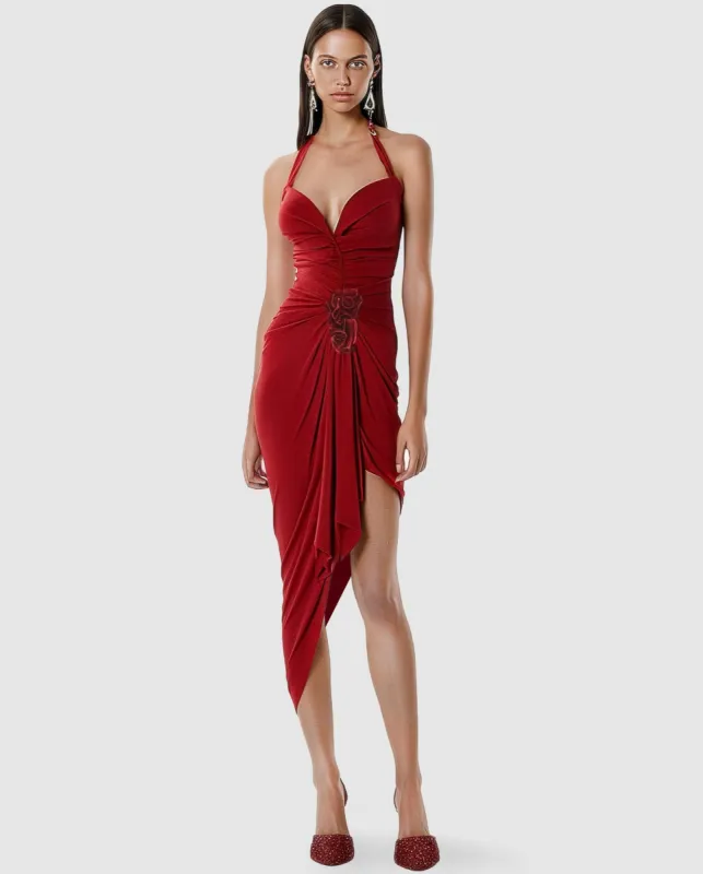 Red Floral Applique Halter Midi Dress sold by JW PEI