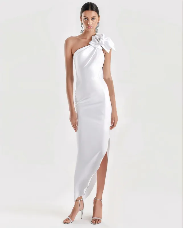 White Rosette Applique Asymmetric Hem Midi Dress sold by JW PEI
