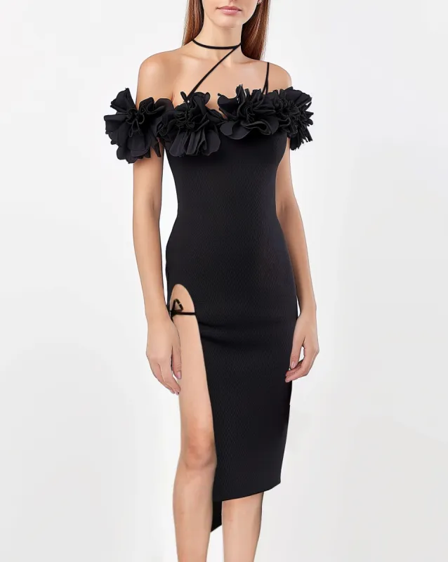 Black Floral Applique Off-the-shoulder Side Slit Midi Dress sold by JW PEI