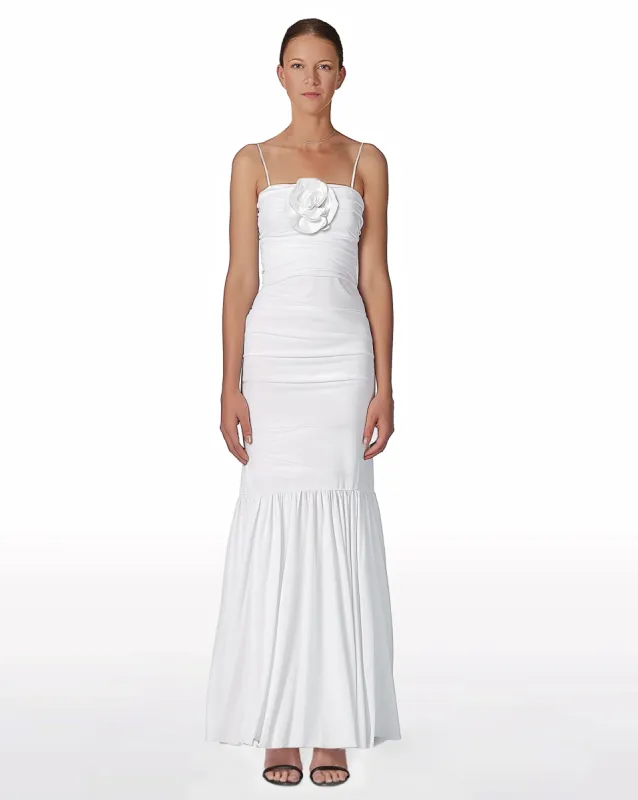 White Rosette Applique Ruched Slip Long Dress sold by JW PEI