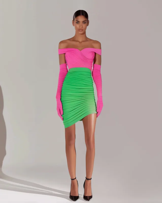 Pink and Green Off-Shoulder Mini Dress - Pink/Green sold by JW PEI