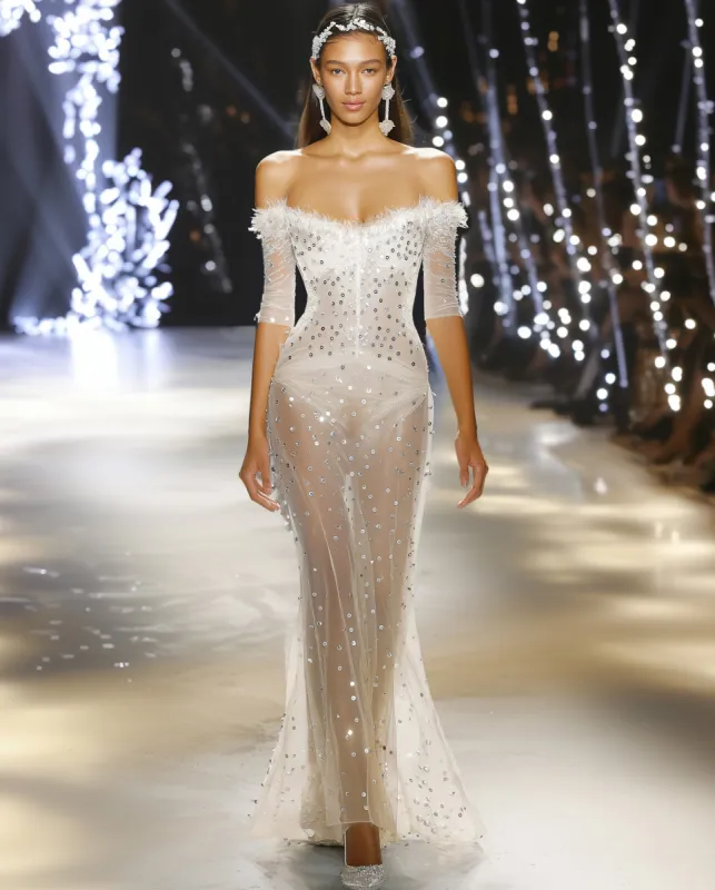 Ava Sparkling Couture Mesh Gown - White sold by JW PEI
