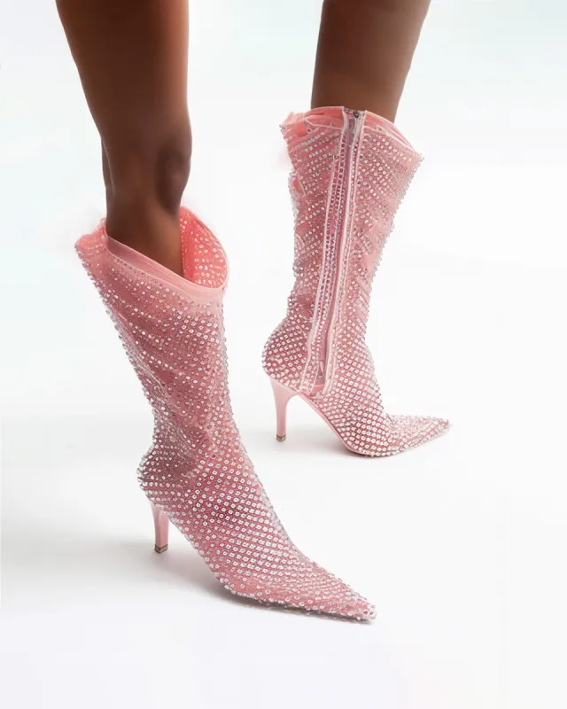 Chloe Rhinestone Mesh Boots - Pink sold by JW PEI