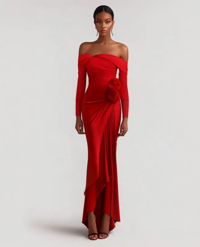 Elysia Off-Shoulder Gown with Floral Accent - Red sold by JW PEI