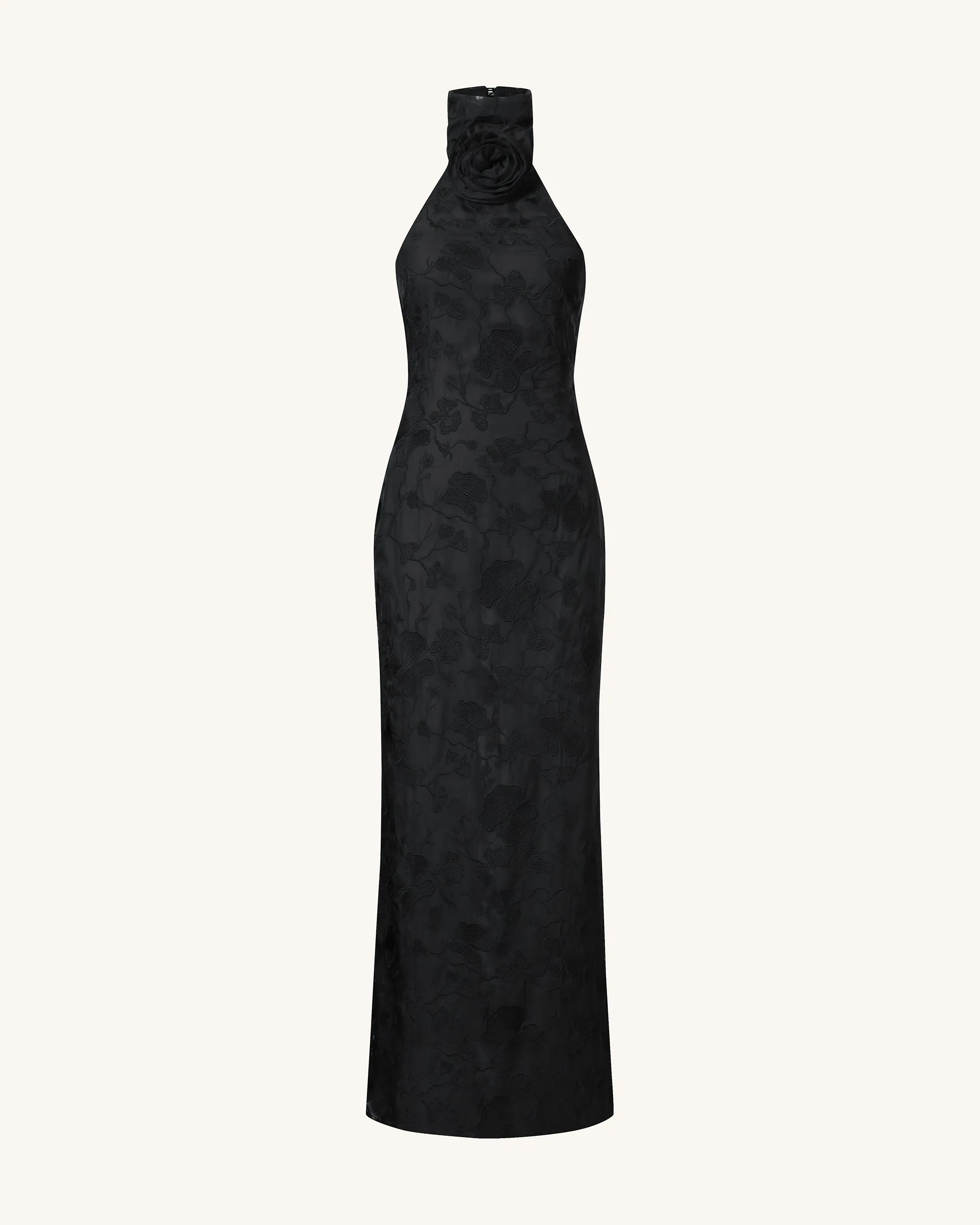 Uliana Black Floral Lace Halterneck Maxi Dress - Black sold by JW PEI