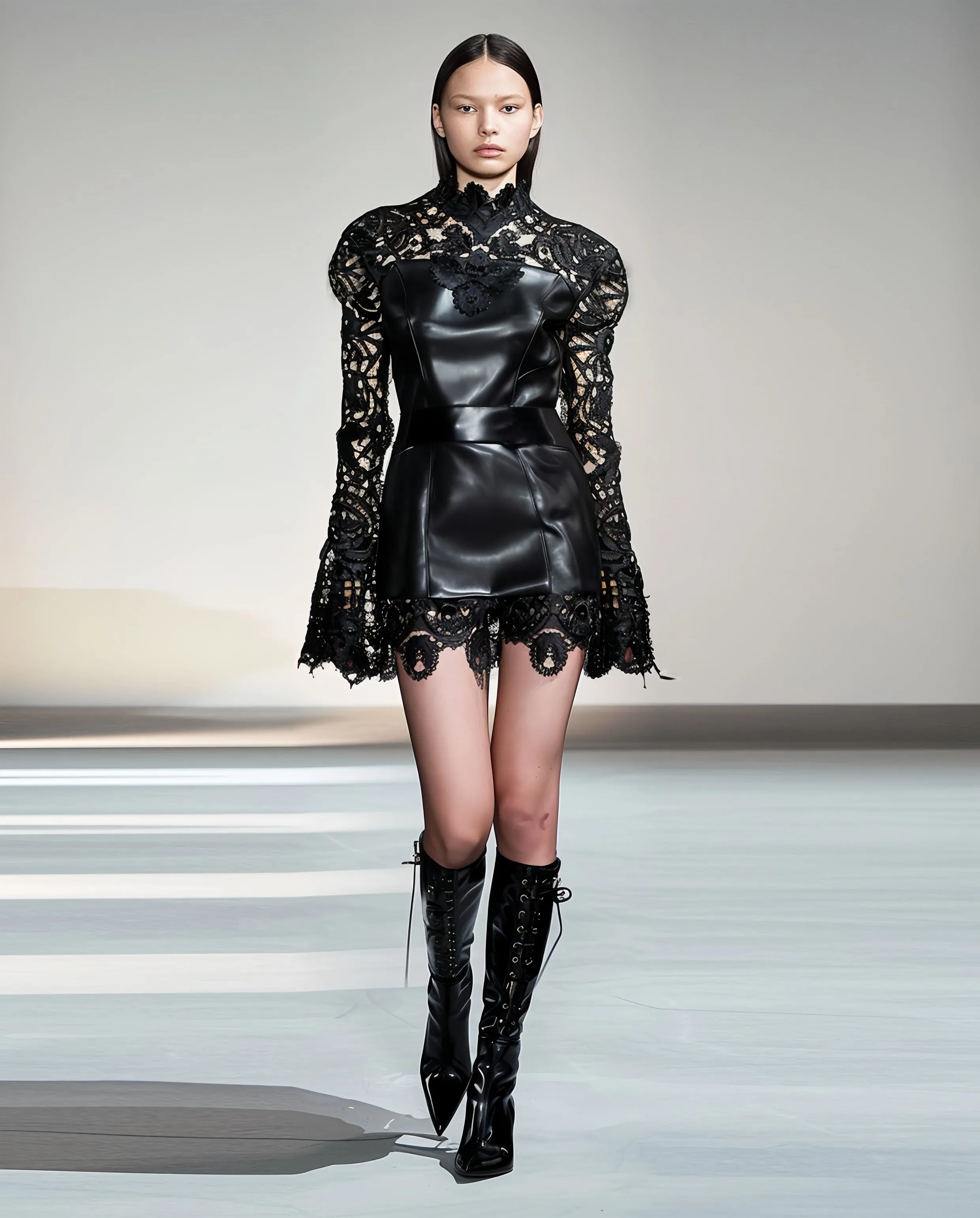 Emma Off-Shoulder Belted Lace And Leather Mini Dress - Black sold by JW PEI