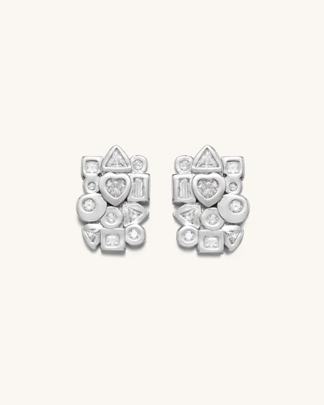 Geometrical Combination Earrings - 18ct White Gold Plated & White Zircon sold by JW PEI